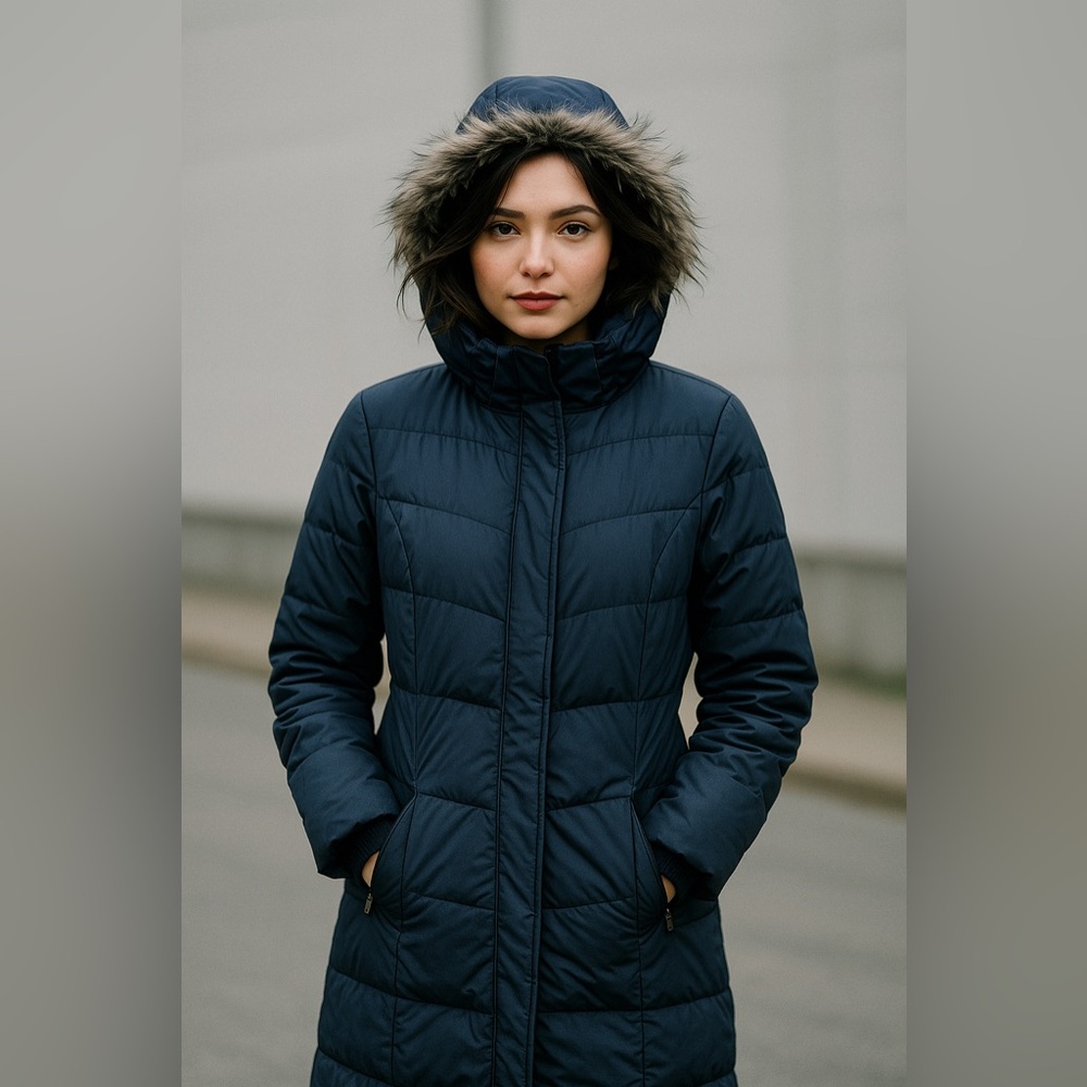 CALVIN KLEIN Down Puffer Coat with Faux Fur Trim Navy XS